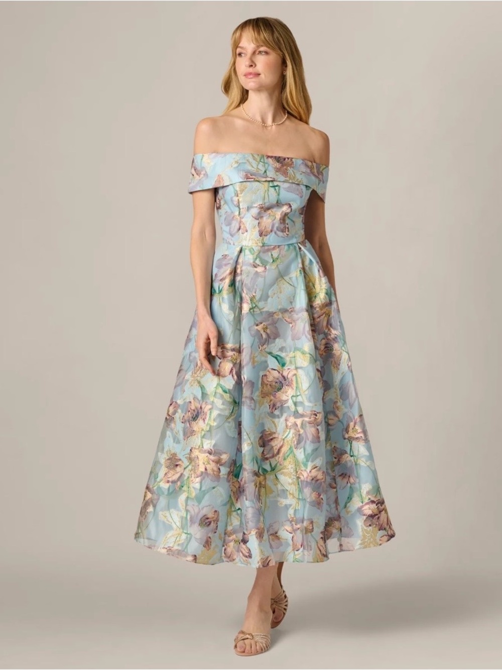 Adrianna Papell Jacquard Ankle Length Dress, Blue Multi, 12